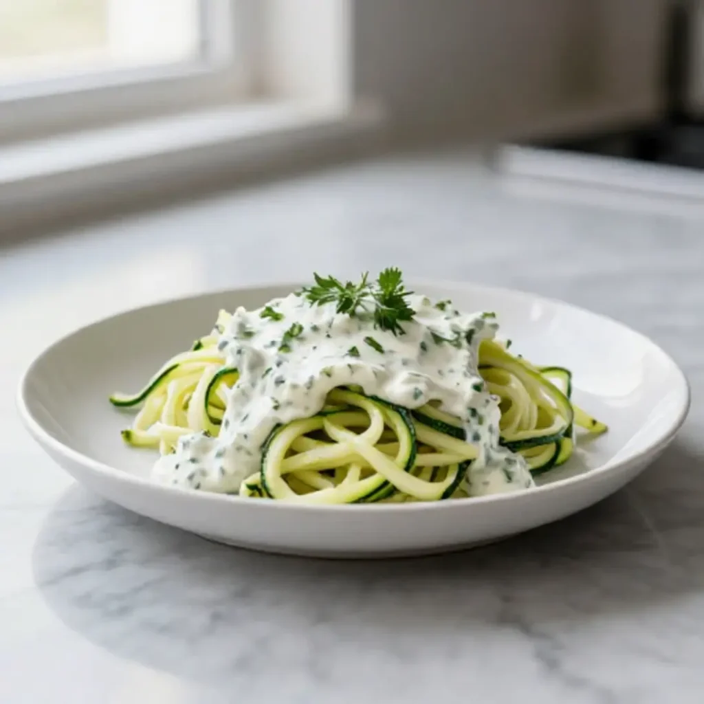Genussvolle Zoodles mit Ajvar-Frischkäse-Soße aus dem Airfryer.