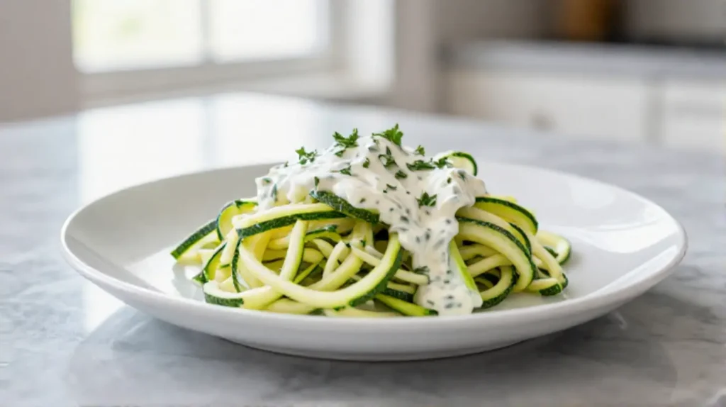 Zoodles mit Ajvar-Frischkäse-Soße, perfektes Gericht aus dem Airfryer.