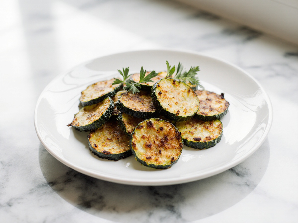 Zucchini aus der Heißluftfritteuse zubereitet und knusprig serviert.