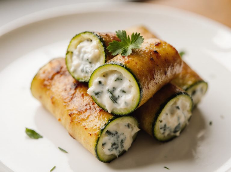 Leckere Zucchiniröllchen aus der Heißluftfritteuse auf einem Teller.